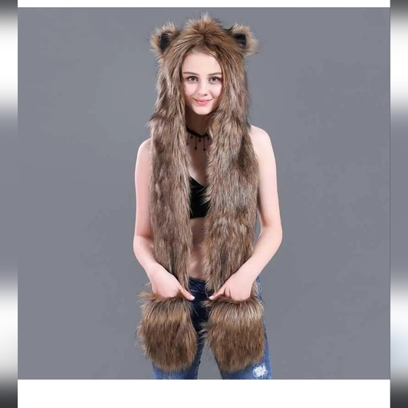 Cozy critter faux fur 3 in 1 animal hat hoodie, scarf, and mittens. - Picture 1 of 1